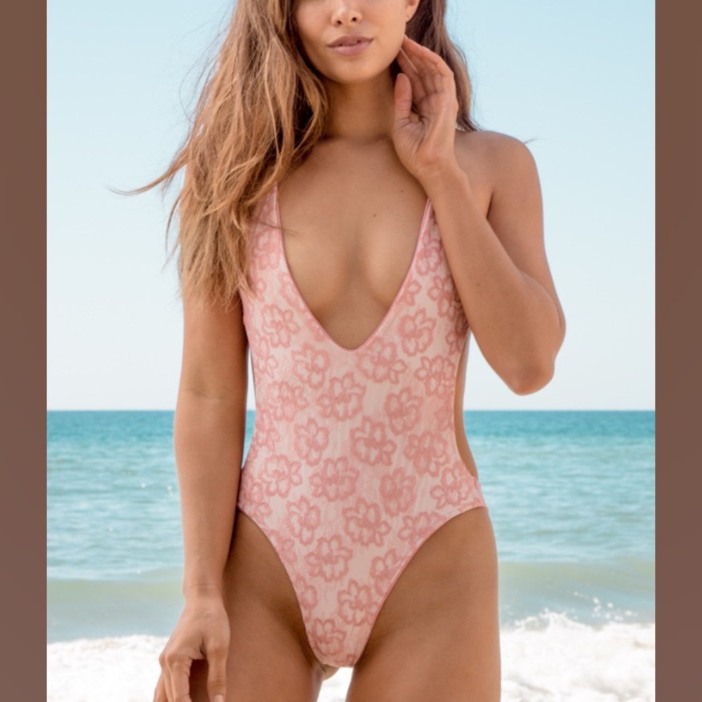 One piece lace swimsuit pink XS